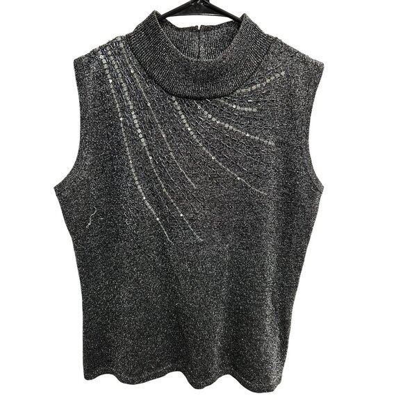 High Point Sleeveless Mock Neck Sparkle Metallic Top Sequin Detail Sz Large - Picture 1 of 7